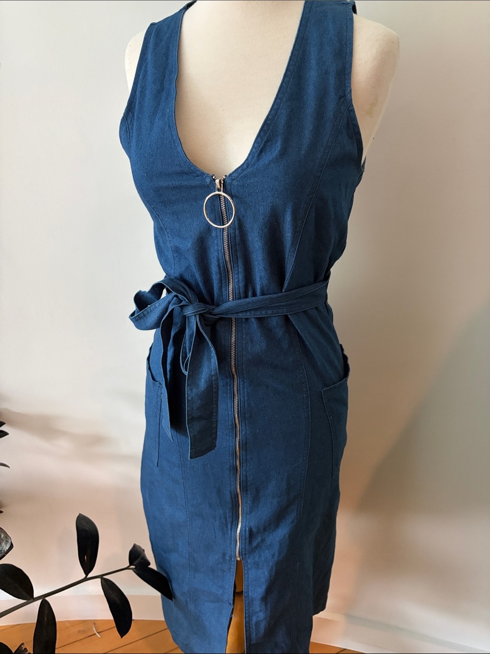 Farrow Deep Blue Sleeveless Denim Dress with Front Zip and Tie size Small